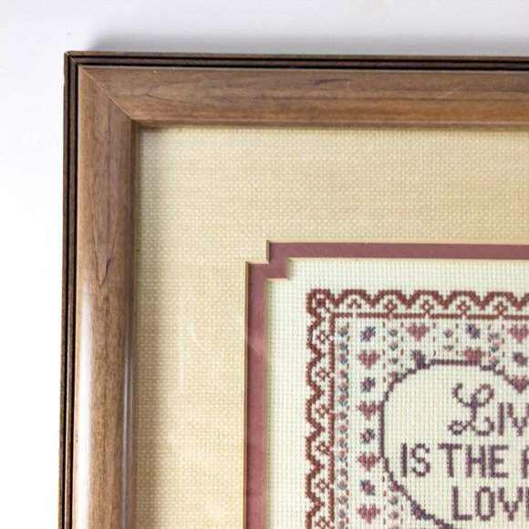 Completed Cross Stitch Living Loving Caring Sharing Brown Tan Framed - Picture 3 of 10
